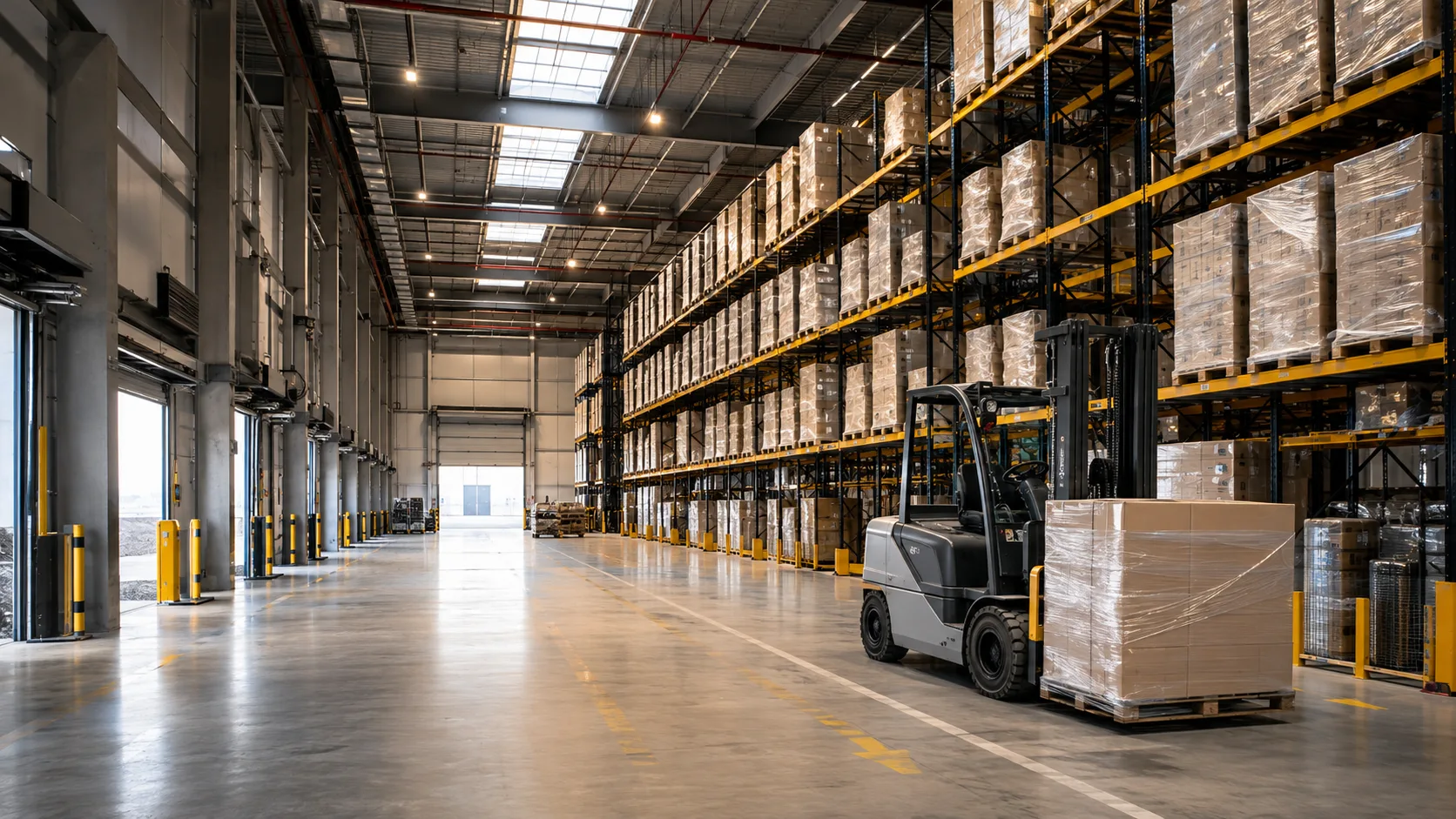 Modern warehouse with palletized cargo and handling equipment