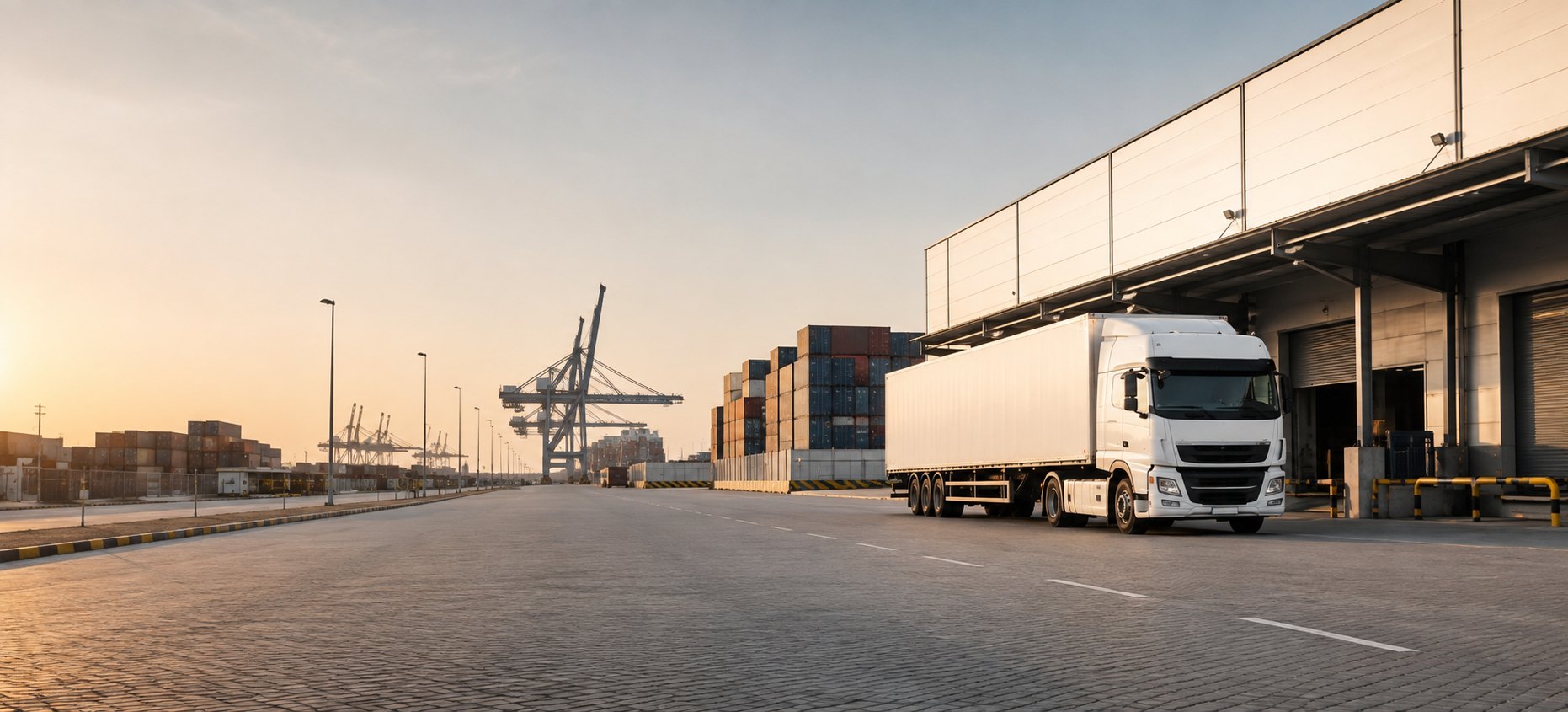 Cargo truck beside a warehouse and container terminal